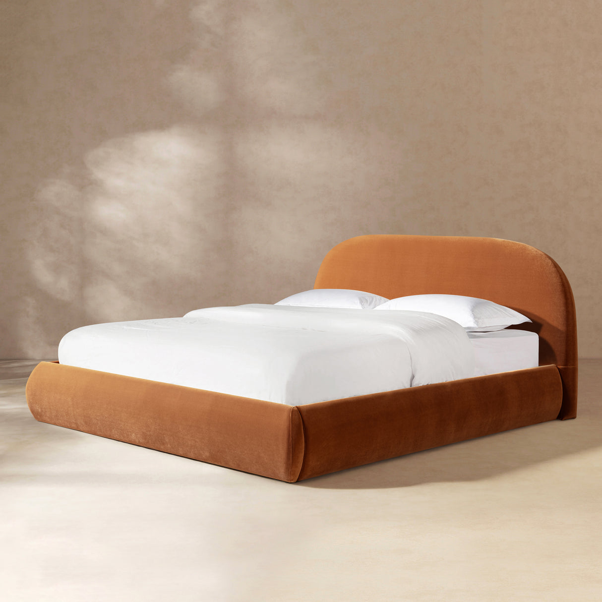 Archie Puffy Grounded Upholstered Platform Bed, King, Burnt