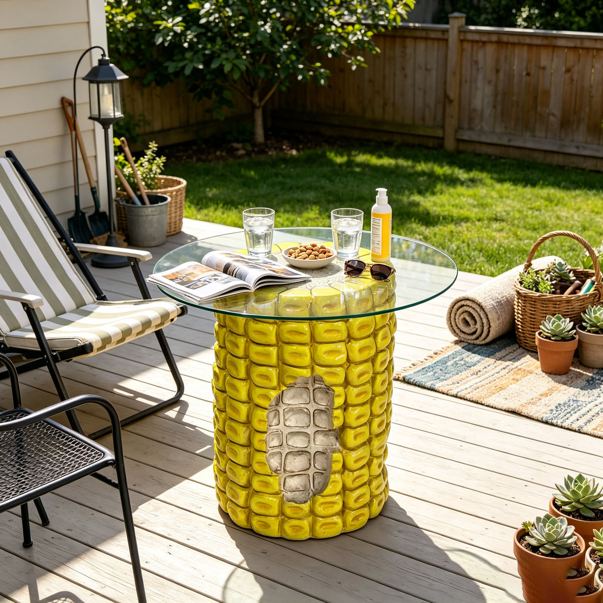 Corn Cob Side Table, 17.32-Inch High with Glass Top, Yellow