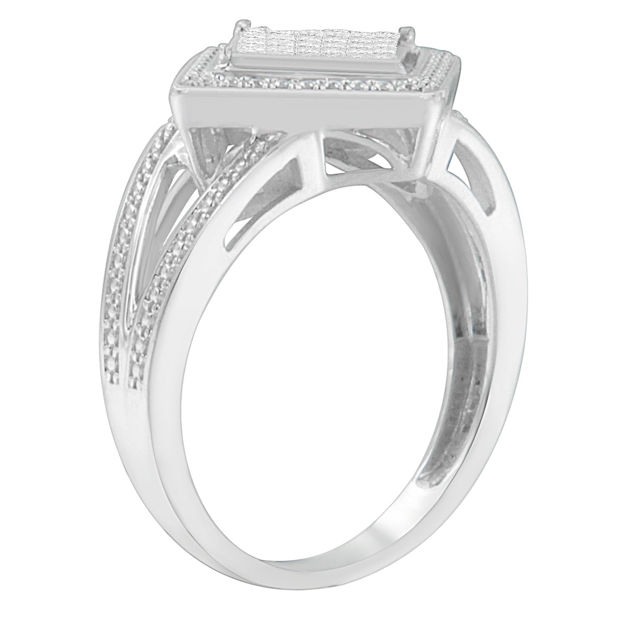 .925 Sterling Silver 1/3 Cttw Invisible Set Princess-Cut Diamond Rhombus and Beaded Halo Ring (H-I Color, SI1-SI2 Clarity) - Ring Size 7