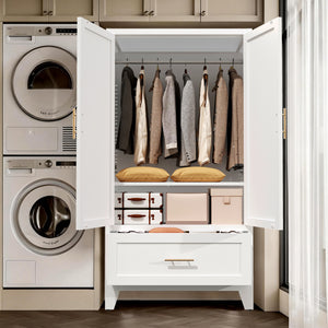 60" Tall Metal Wardrobe Cabinet with Drawer and Hanging Rod