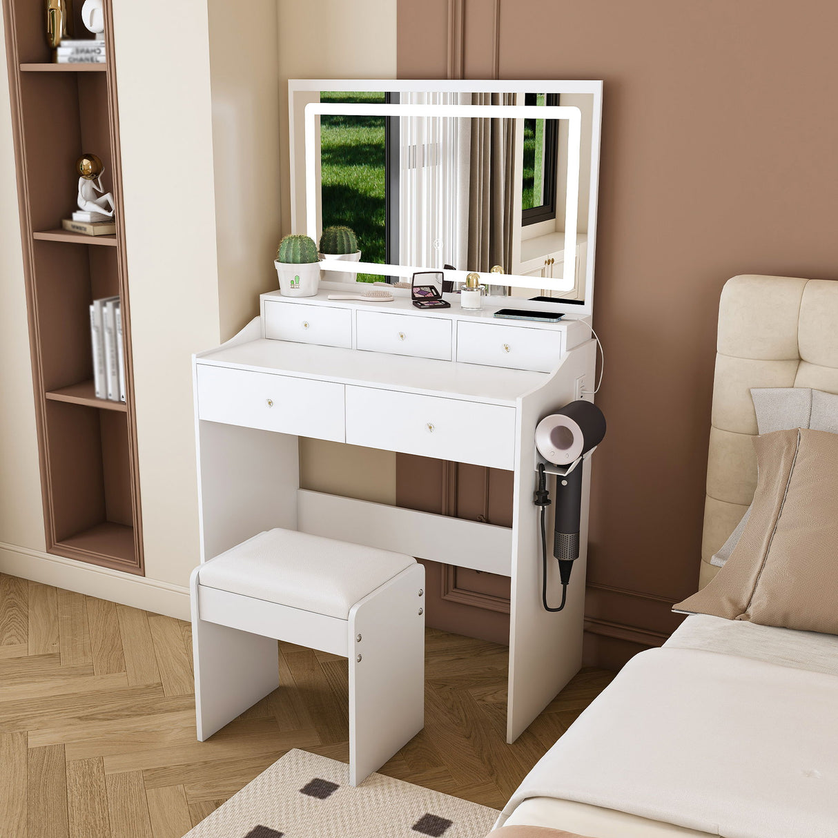 Modern Makeup Vanity Set With Power Outlet, Hair Dryer Holder, And Adjustable Lighting