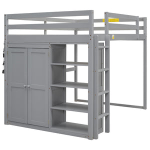 Loft Bed With Built In Wardrobe, Storage Shelves, And LED Light