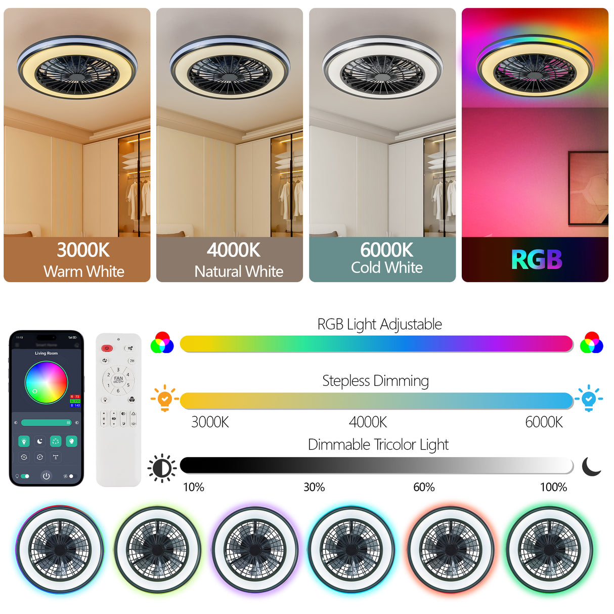 Modern LED Ceiling Fan Light with RGB Colors