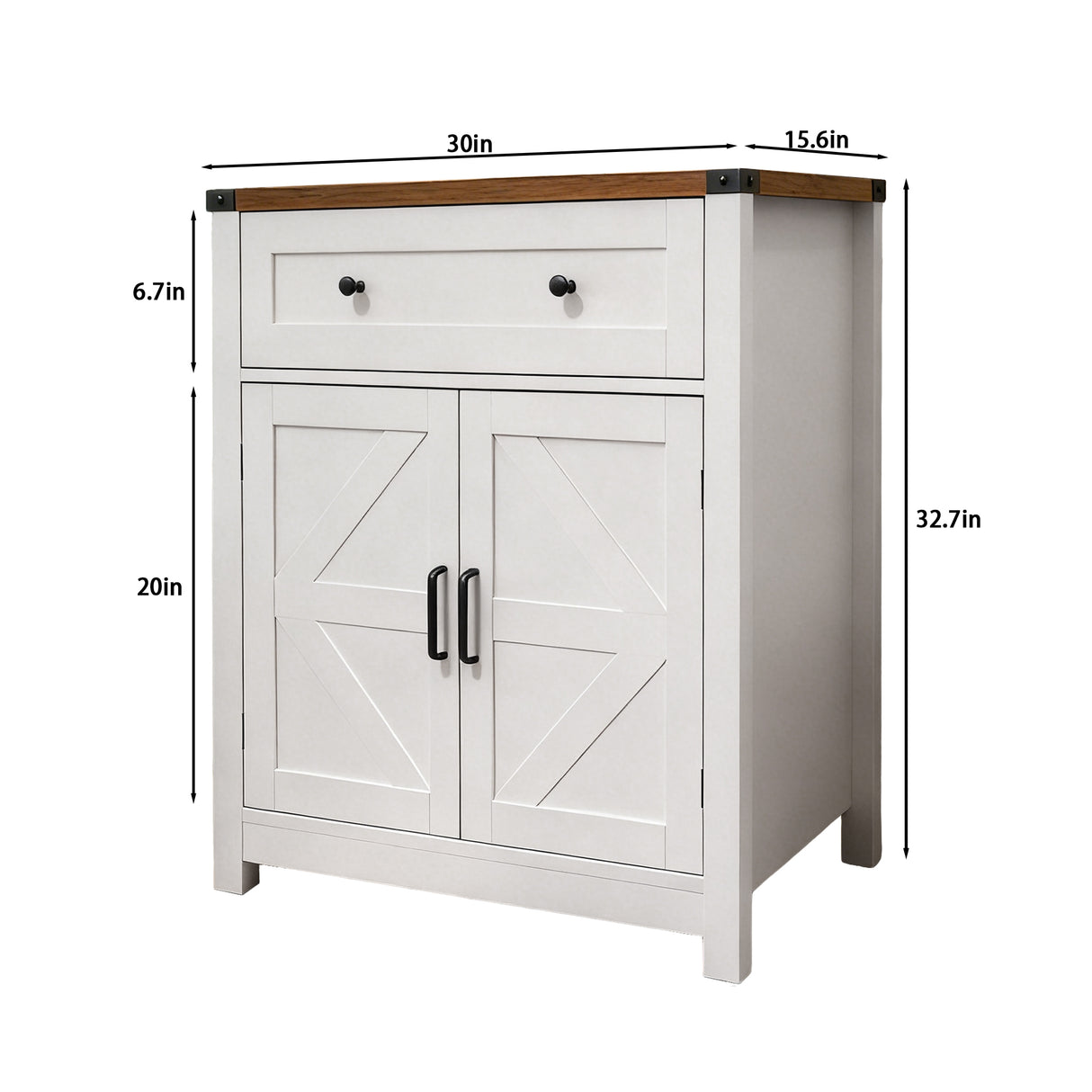 White & Wood-Grain Top Farmhouse Barn-Door Storage Cabinet