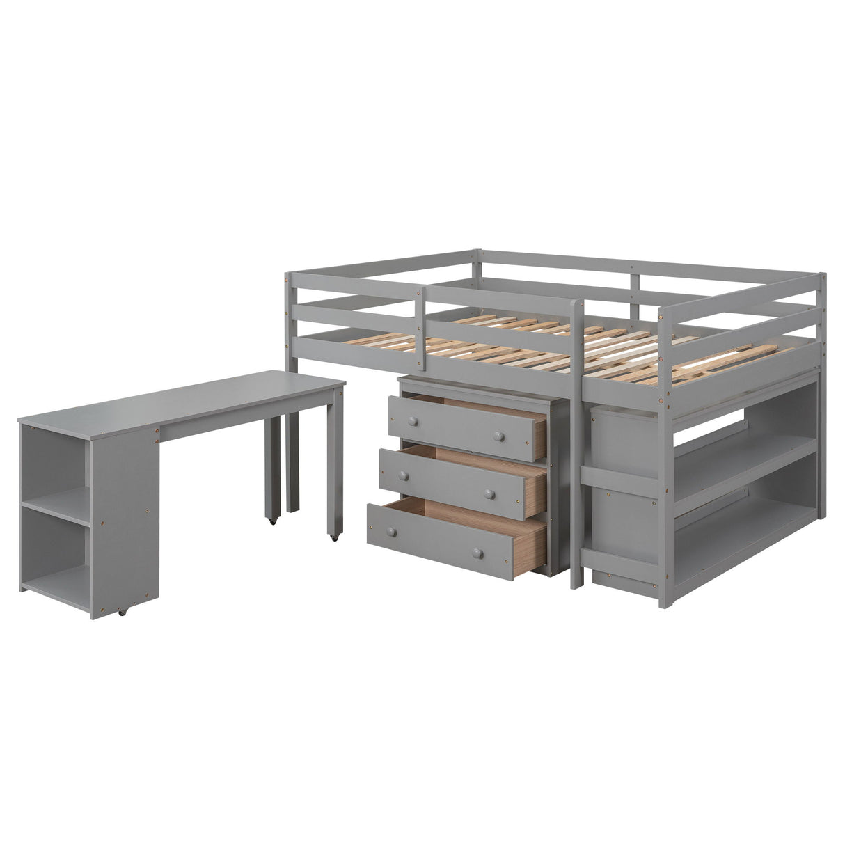 Loft Low Study Bed With Cabinet, Shelves And Rolling Portable Desk, Multiple Functions