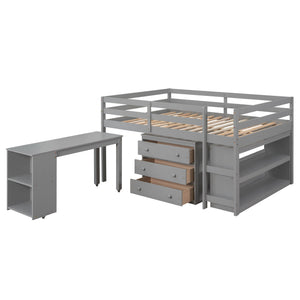 Loft Low Study Bed With Cabinet, Shelves And Rolling Portable Desk, Multiple Functions