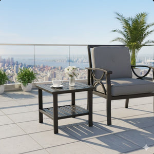 Square 2 Tier All-Weather Outdoor Side Table With Slatted Top