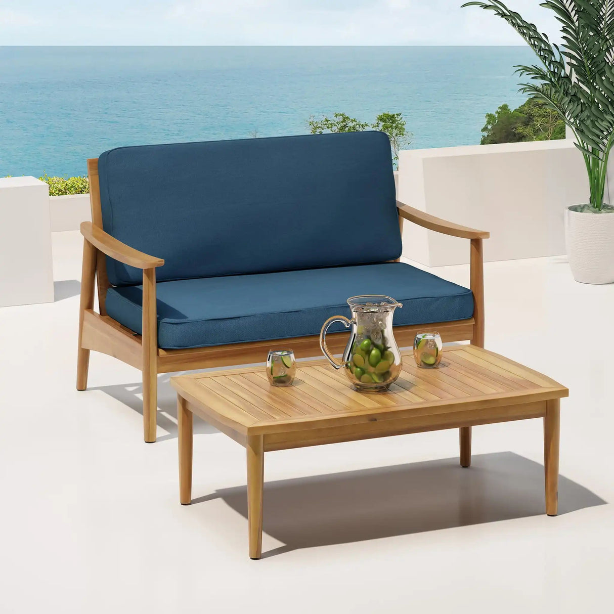 Outdoor Acacia Wood Loveseat Set With Coffee Table - Best Buy Furniture