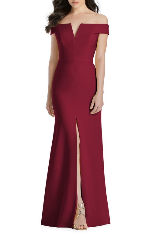 Dessy Collection Notched Off the Shoulder Crepe Gown in Burgundy, Size 12