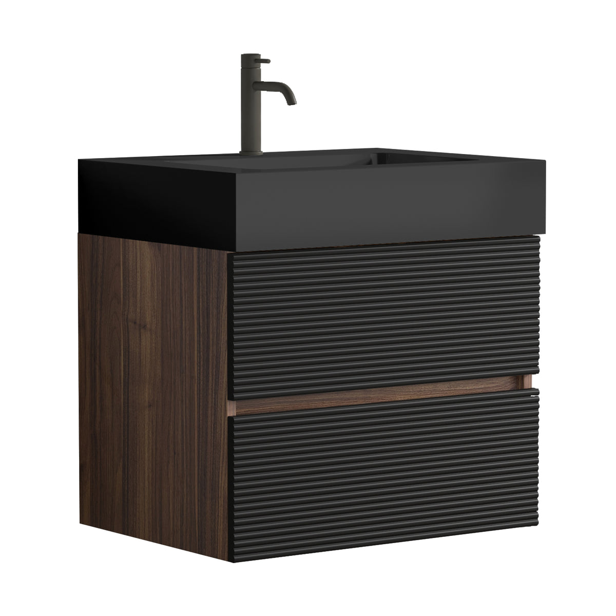 Grace 24-Inch Wall-Mounted Bathroom Vanity, Black with Walnut, Double Drawer