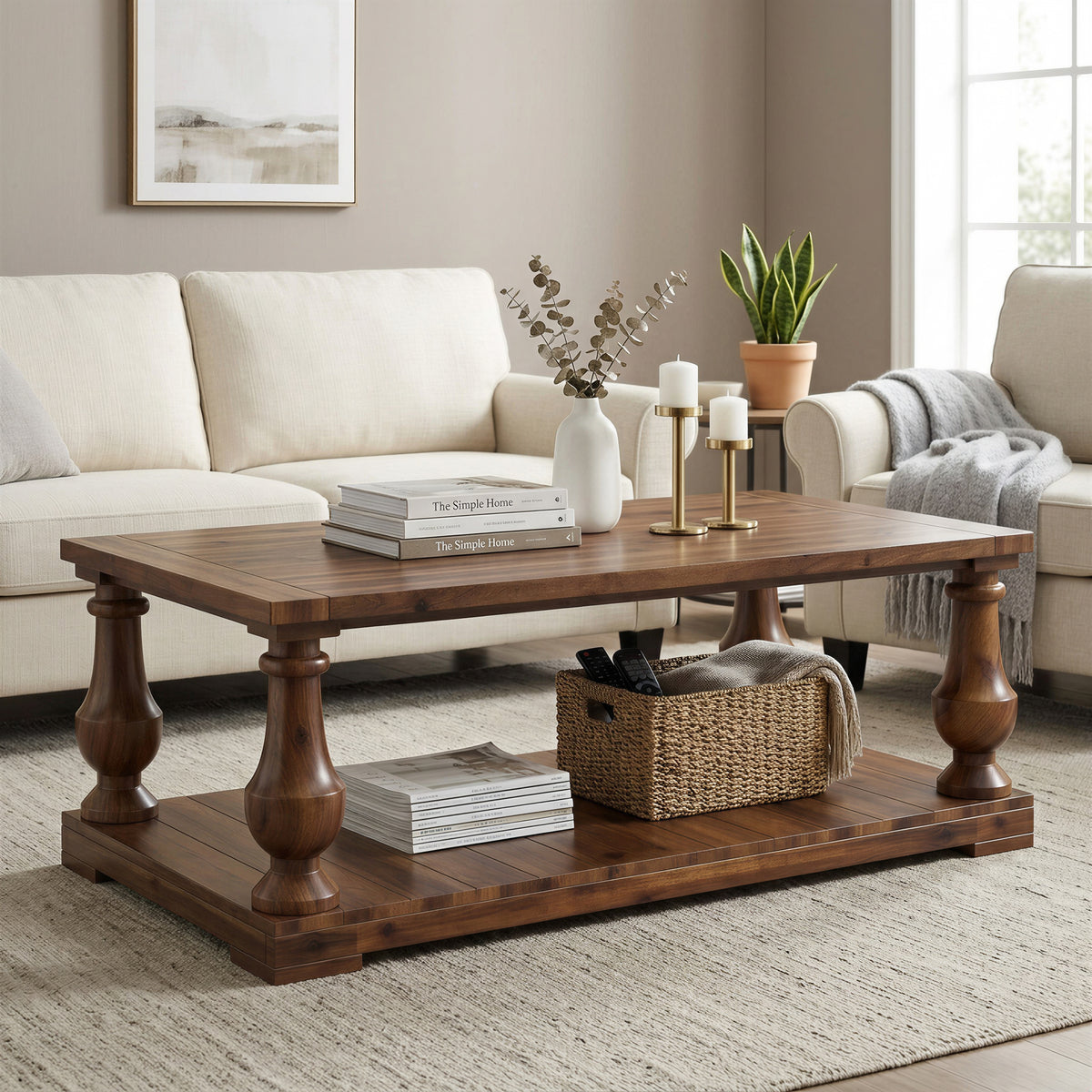 Farmhouse Coffee Table with Storage Shelf, Solid Pine Wood Turned Legs, Walnut