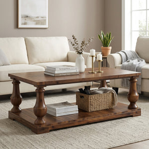 Farmhouse Coffee Table with Storage Shelf, Solid Pine Wood Turned Legs, Walnut