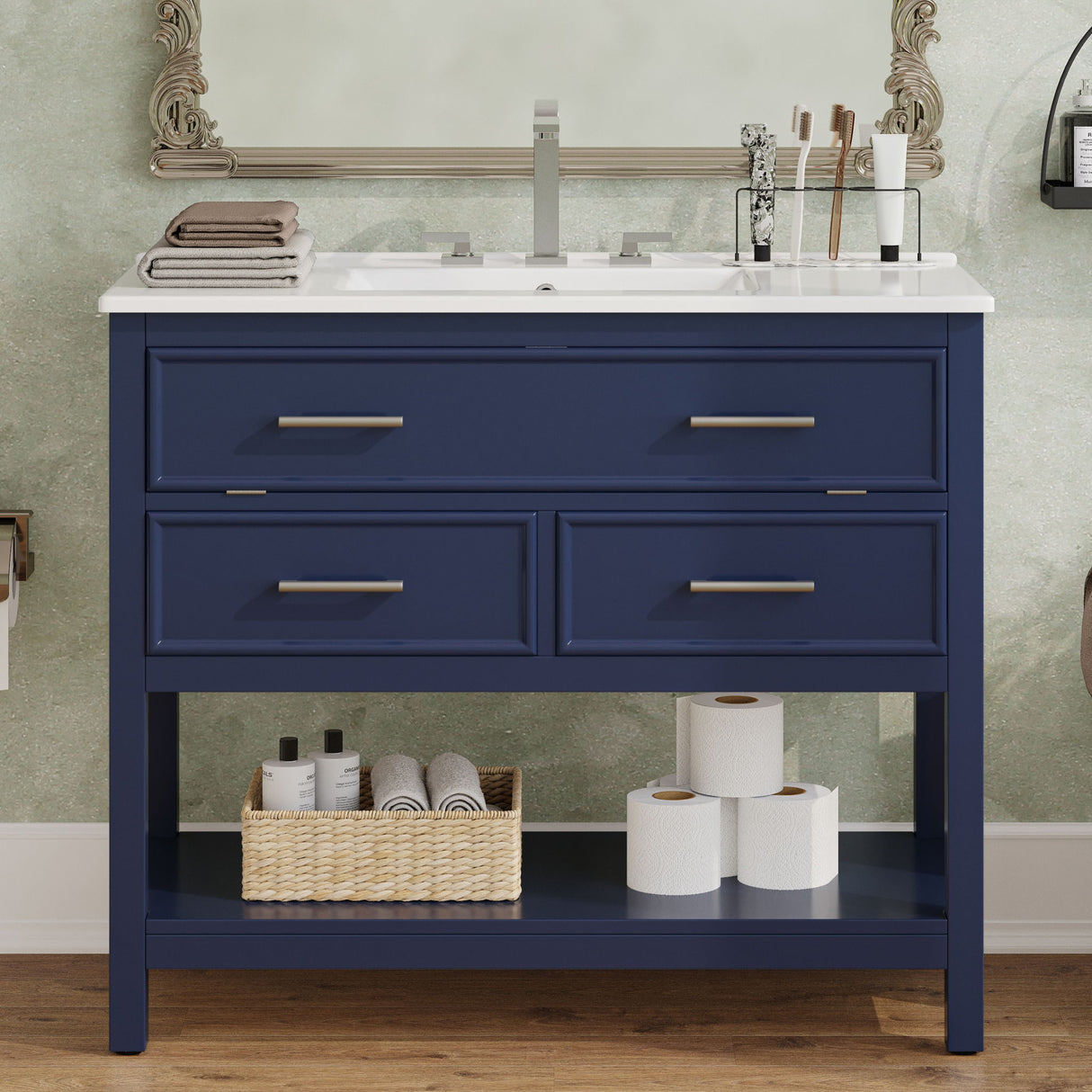 Bathroom Vanity With Ceramic Sink, Tip Out Tray & 2 Full Extension Drawers