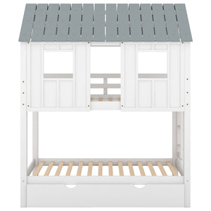Twin Size House Bunk Bed With Trundle, Roof And Windows - White / Gray