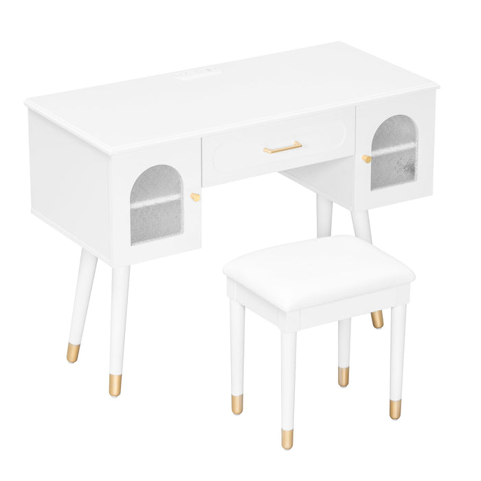 Elegant Vanity Makeup Table & Chair Set with Organizer and Charging Port - White