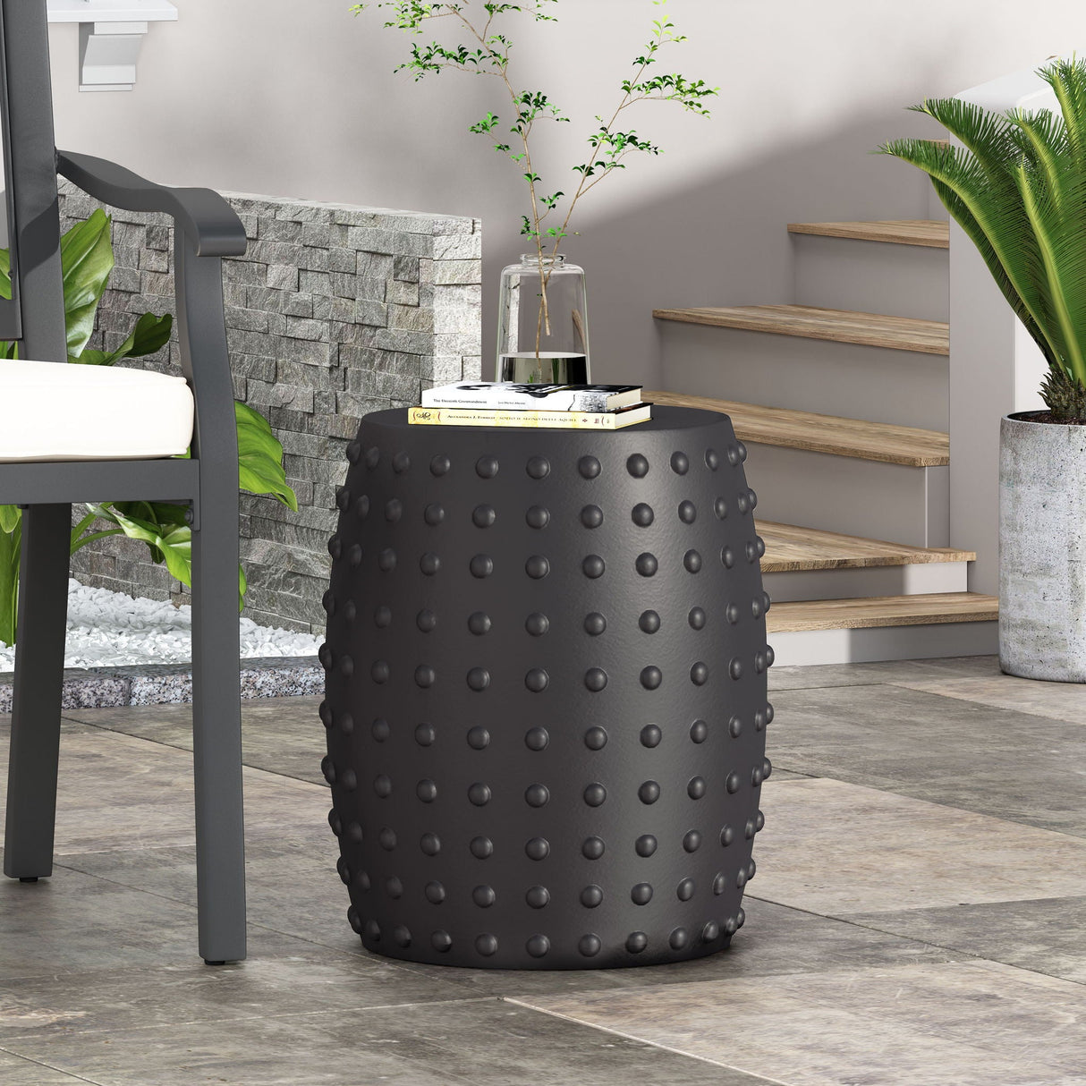 Outdoor End Table With Outstanding Studded Design - Matte Black - Best Buy Furniture