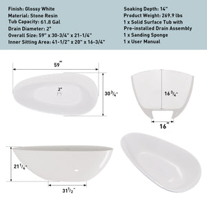 59" Freestanding Solid Surface Bathtub