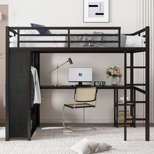 Full Size Loft Bed Frame with Built-in Wardrobe, Metal Loft Bed with Desk and Storage Shelves