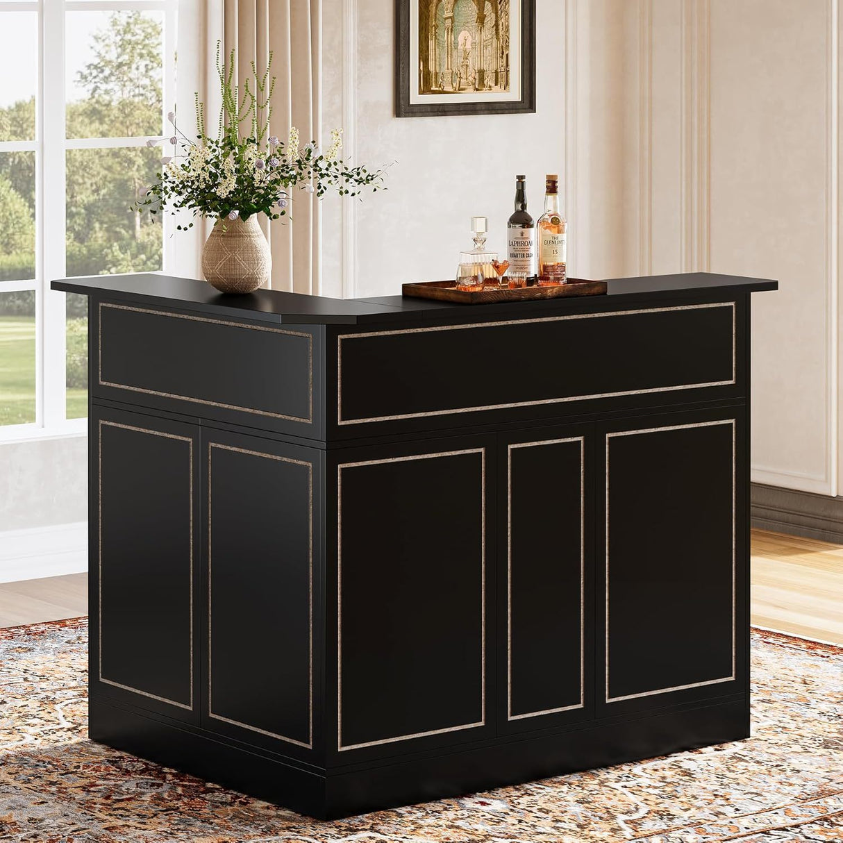 L-Shaped Home Bar Cabinet With Stemware Racks, 4 Tier Corner Unit, Liquor Wine Bar Table & Reception Desk For Home Pub - Black