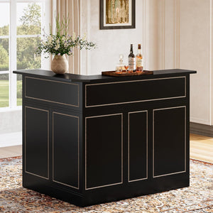L-Shaped Home Bar Cabinet With Stemware Racks, 4 Tier Corner Unit, Liquor Wine Bar Table & Reception Desk For Home Pub - Black