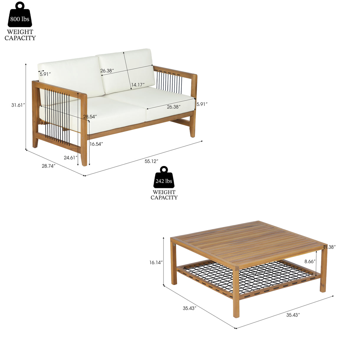 2-Piece Acacia Wood Outdoor Loveseat with Coffee Table
