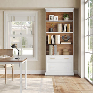 5 Tier White Bookcase With 2 Drawers Storage Organizer For Living Room - White