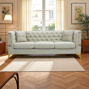Modern Tufted Velvet Sofa with Gold Accents, 3-Seater