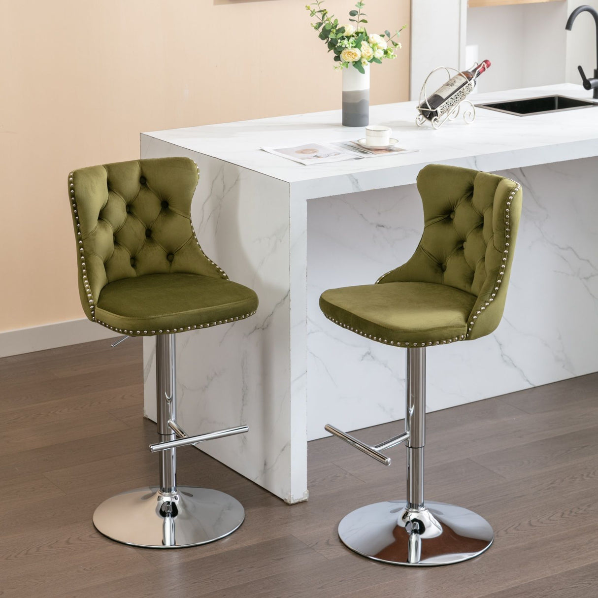 Swivel Barstools Adjusatble Seat Height From 25-33", Modern Upholstered Base Bar Stools With Backs Comfortable Tufted For Home Pub And Kitchen Island (Set of 2)