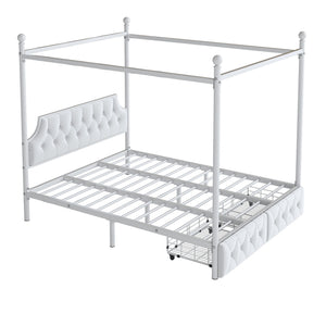 Queen Size Canopy Platform Bed With Upholstered Headboard And 2 Storage Drawers - White