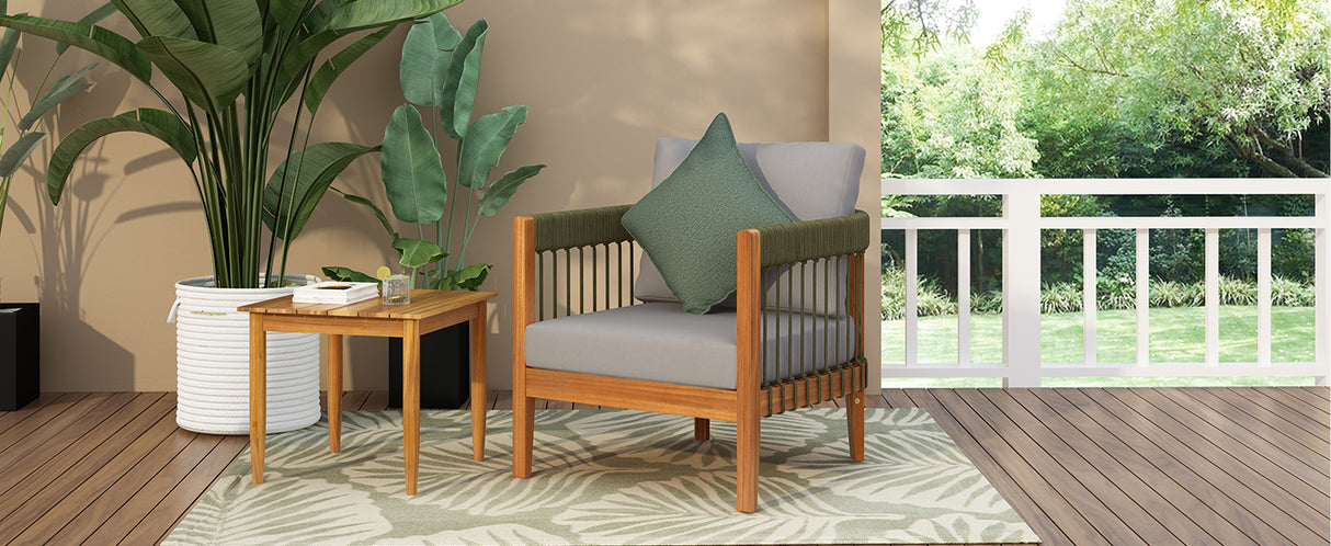 Acacia Wood Outdoor Club Chair with Handwoven Rope Accents