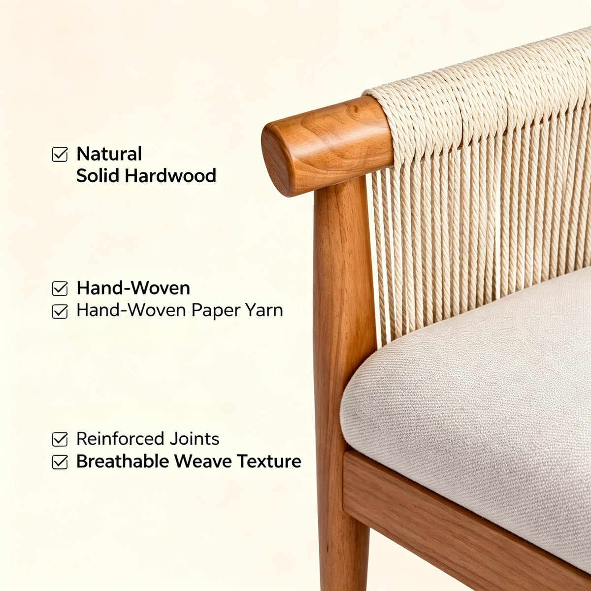 Accent Chair with Solid Hardwood Frame and Hand-Woven Paper Rope Arm