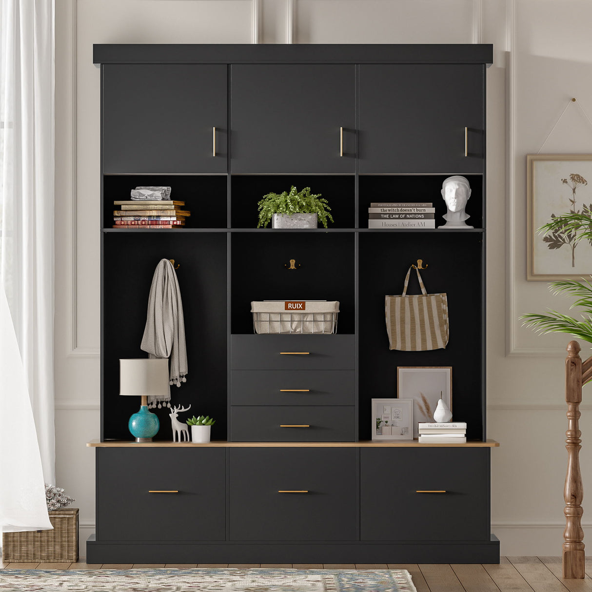 Entryway Hall Tree With Bench And Storage, 5 In 1 Coat Rack