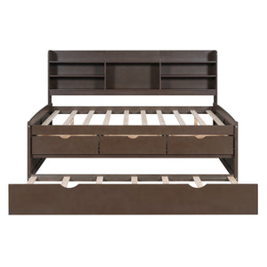 Captain Bed With Built In Bookshelves, 3 Storage Drawers, And Trundle