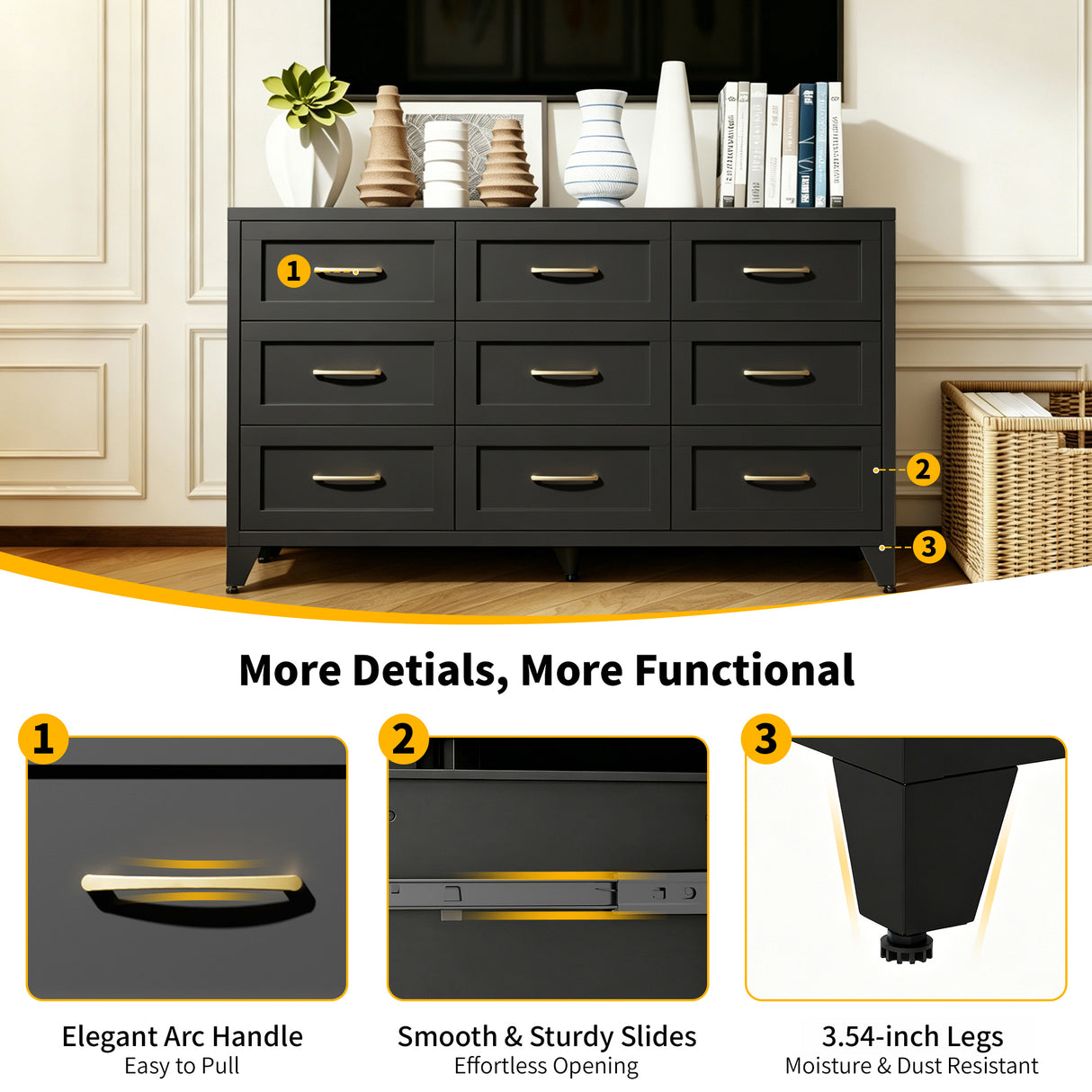 9 Drawer Dresser for Bedroom, Metal Profile Chest of Drawers