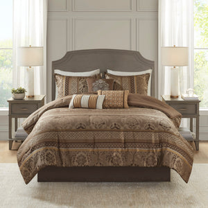 7 Piece Jacquard Comforter Set - Brown/Gold Cal King