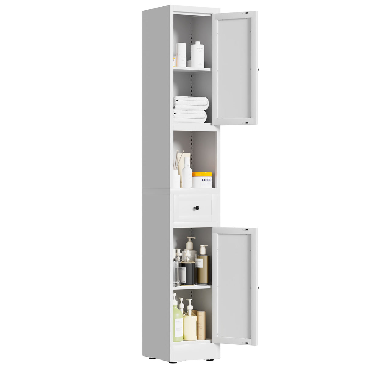 Tall Narrow Bathroom Cabinet With 5-Tier Storage, Adjustable Shelves, Freestanding - White