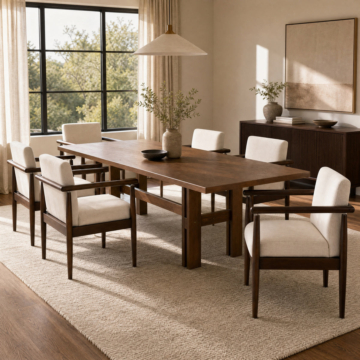 7-Piece Dining Table Set, Mid-Century 71" Rubber Wood