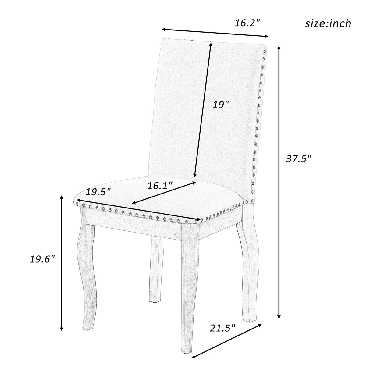 TREXM Set of 2 Dining Chairs - Wood Upholstered with Nailhead