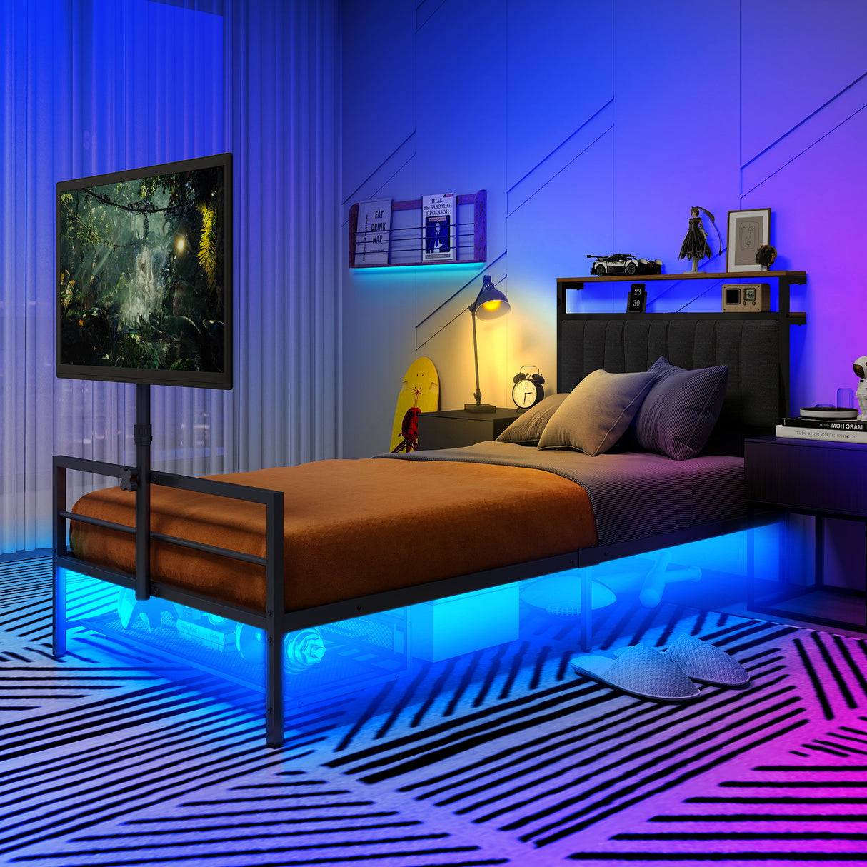 Twin Size Gaming Bed with Rotating TV Mount and LED Lighting
