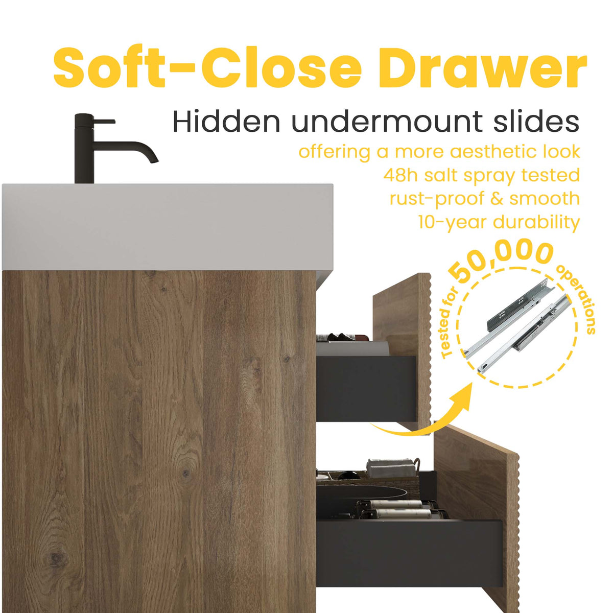 Grace 36-Inch Wall-Mounted Bathroom Vanity, Oak and White Solid Surface