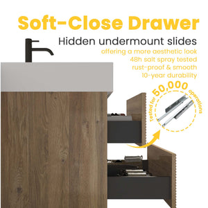 Grace 36-Inch Wall-Mounted Bathroom Vanity, Oak and White Solid Surface