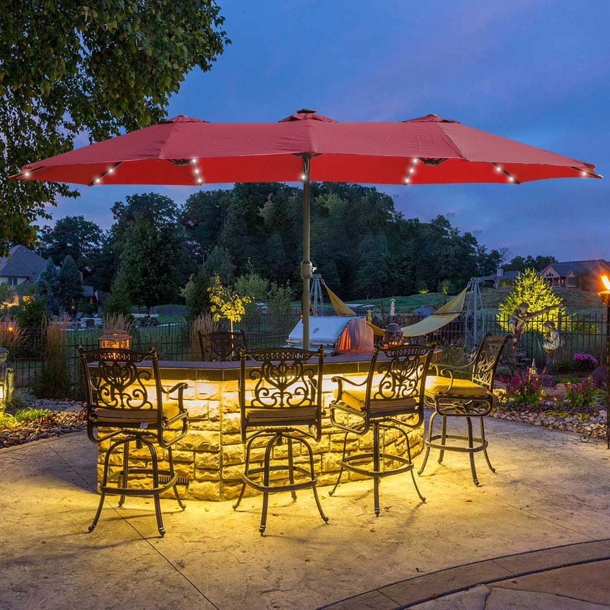 BEI YOU Double-Sided Outdoor Market Umbrella with Integrated Lights and Base - view 3
