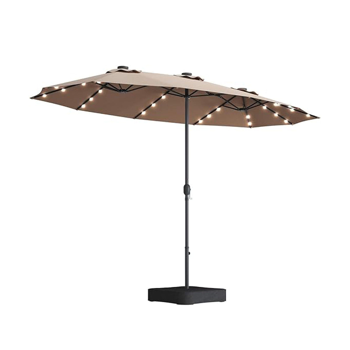 BEI YOU Double-Sided Outdoor Market Umbrella with Integrated Lights and Base in Light Brown