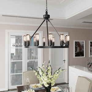 24.2" Wagon Wheel Chandelier, 12-Light, Black Metal