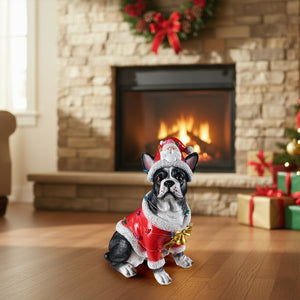 Christmas French Bulldog Statue, Holiday Dog Figurine in Santa Outfit