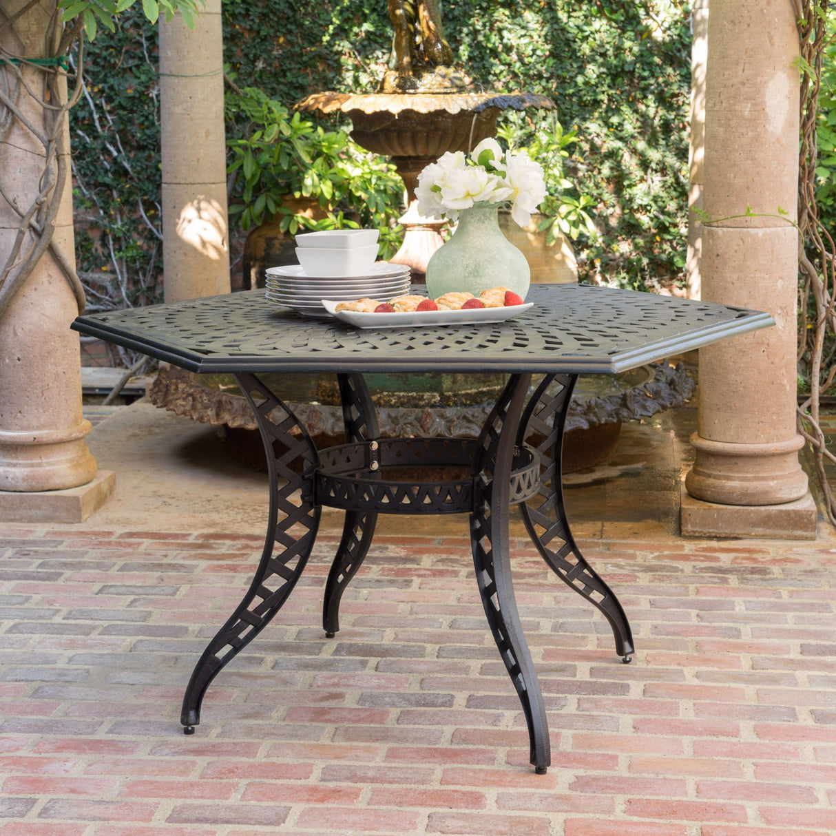 Outdoor Cast Aluminum Dining Table With Lattice Top And Umbrella Hole - Black - Best Buy Furniture