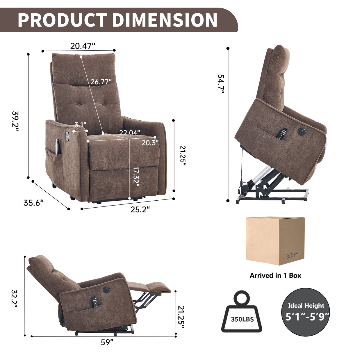 Brown Chenille Single Motor Power Lift Recliner Chair