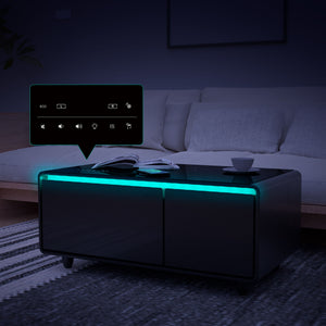 Modern Smart Coffee Table With Built-In Fridge - tooth Speaker, Wireless Charging, Touch Control Panel, USB Interface, Outlet Protection, Atmosphere Light