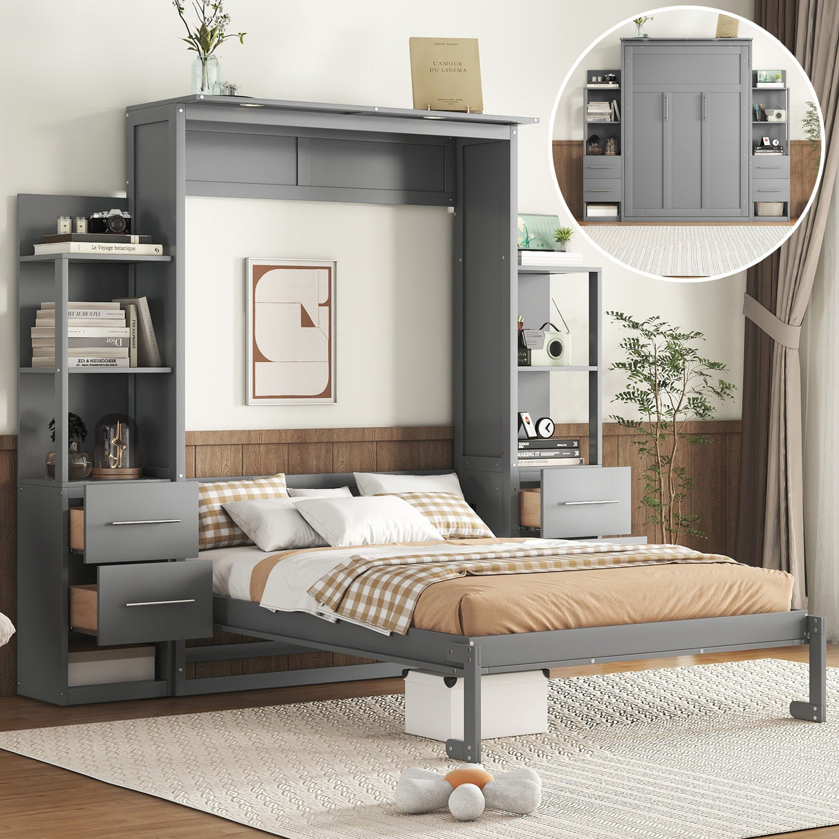 Murphy Wall Bed With LED Lights, Shelves And Drawers