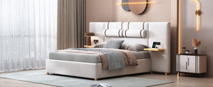 Upholstered Platform Bed, 2 Outlets And USB Charging Ports On Both Sides, 2 Bedside Pillows, Storage Shelves